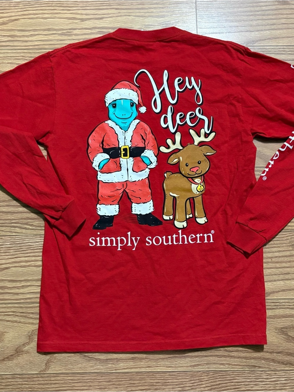 Simply Southern Hey Deer Christmas Long Sleeved Shirt Medium